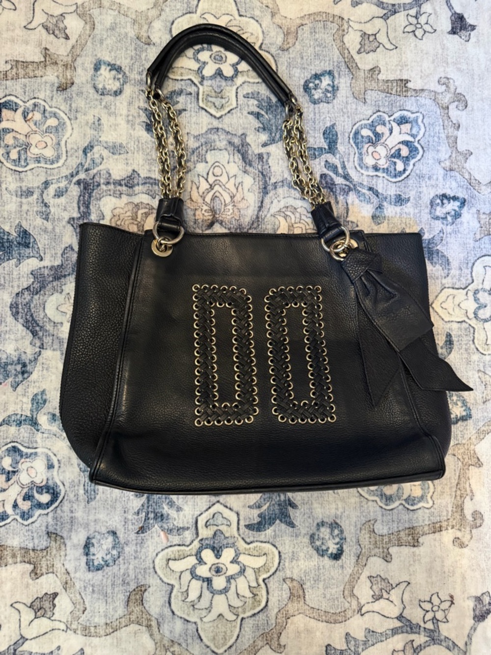 Daks Black Leather Shoulder Tote with Chain Handles